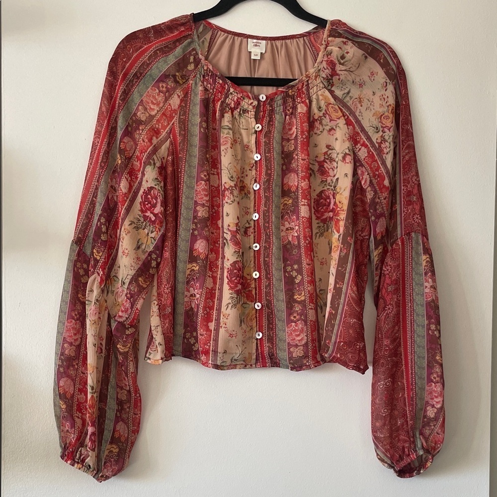 Autres Filles|Floral Sheer button up Bohemian Blouse|Red/Tan multi/Small| EUC